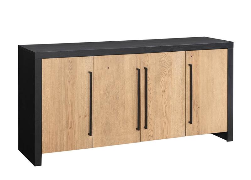 Keeler 60-inch media console with natural oak doors, black frame, and long black bar pulls