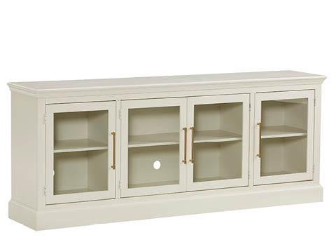 Marlborough 68-inch ivory media cabinet with glass doors, brass pulls, and open side shelving