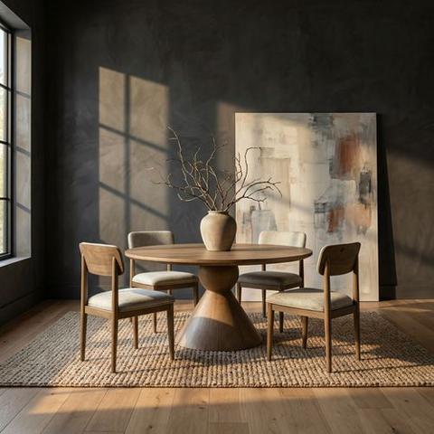 Canadel round pedestal dining table with matching wood chairs