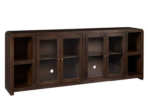 Mayfield 84-inch media console in espresso finish with four glass doors and open end shelving