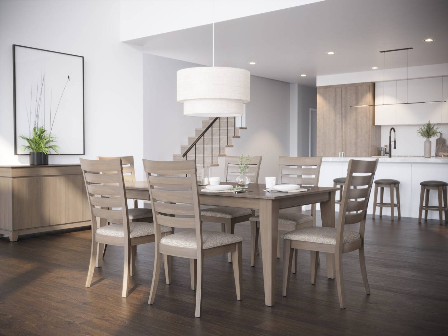 Wood dining table and chair set on display at Gavigan's furniture showroom in Maryland