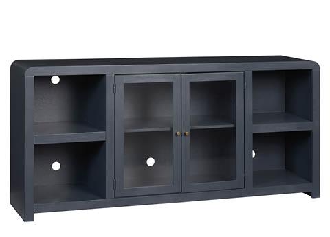 Mayfield media console in navy blue with rounded corners, glass center doors, and open shelves