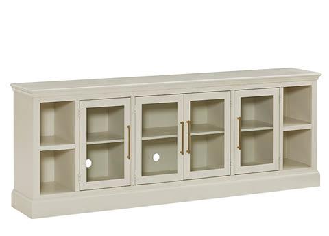 Marlborough 84-inch ivory media cabinet with three glass doors and open end cubbies