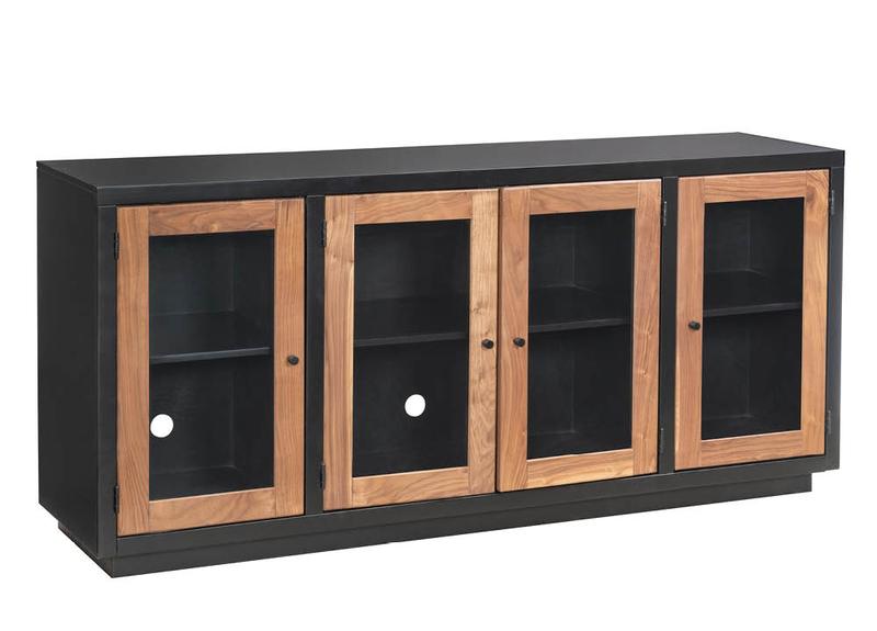 Mason media console in black with four glass doors framed in natural acacia wood