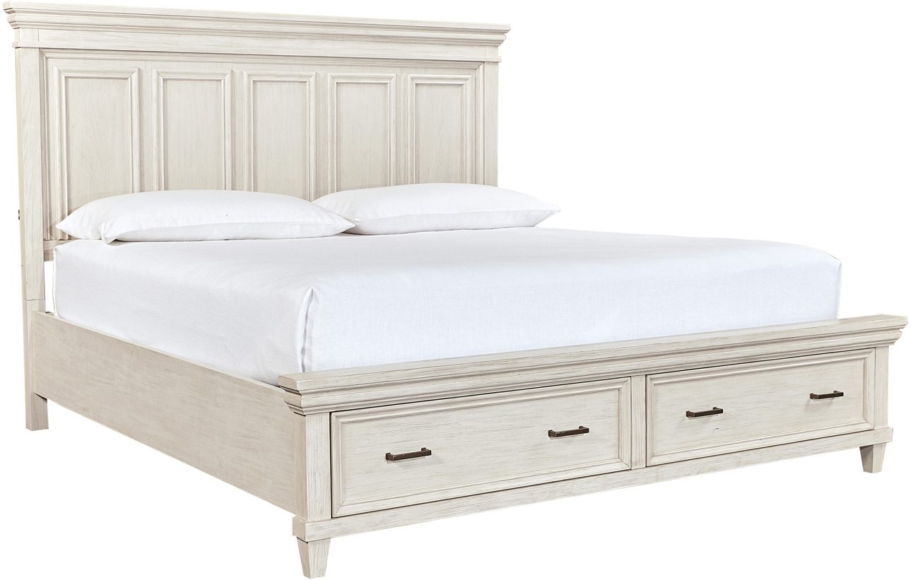 Aspenhome Caraway bedroom group in wirebrushed Aged Ivory with storage bed and dresser