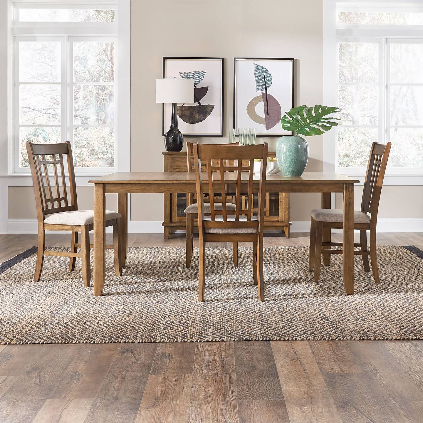 Canadel solid wood dining table with slat-back side chairs