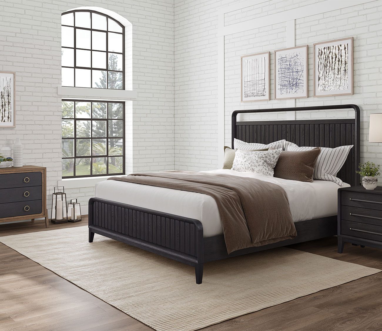 Bernards Elure peppercorn-black open-slat panel bed with matching nightstands