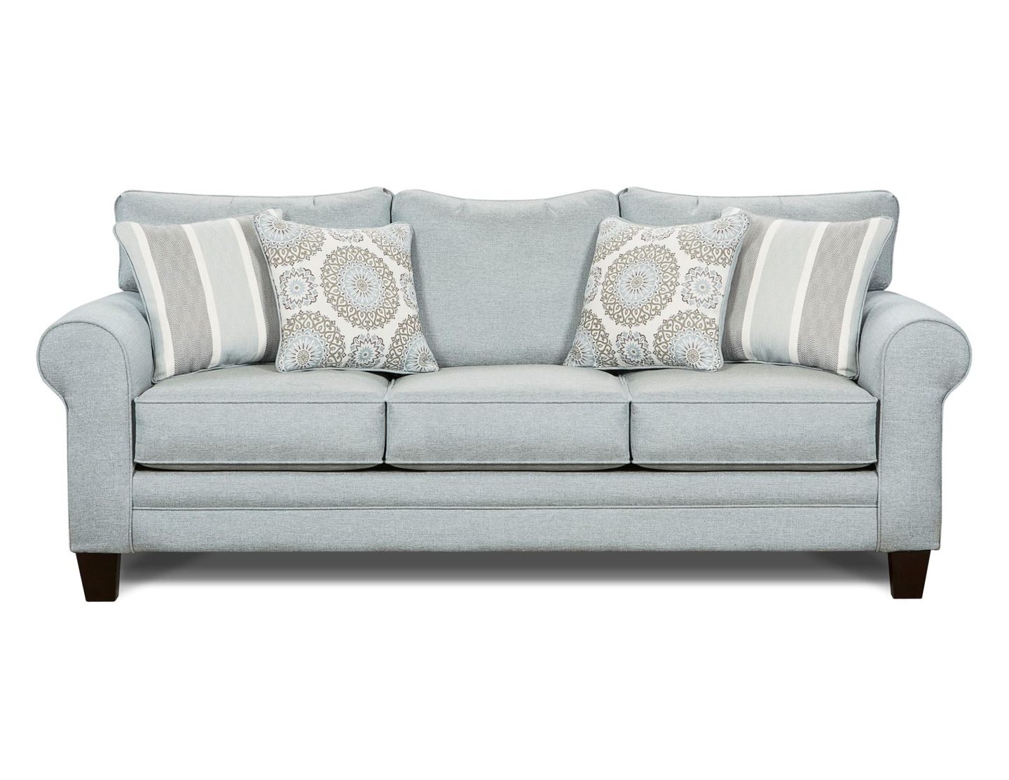 Fusion Grande sofa in pale mist-blue Revolution performance fabric with accent pillows
