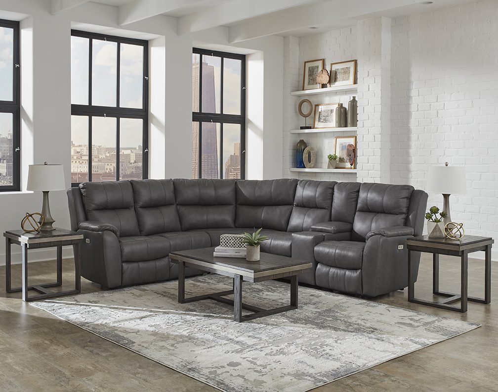 Southern Motion Marquis power reclining sectional with French seaming and power headrests