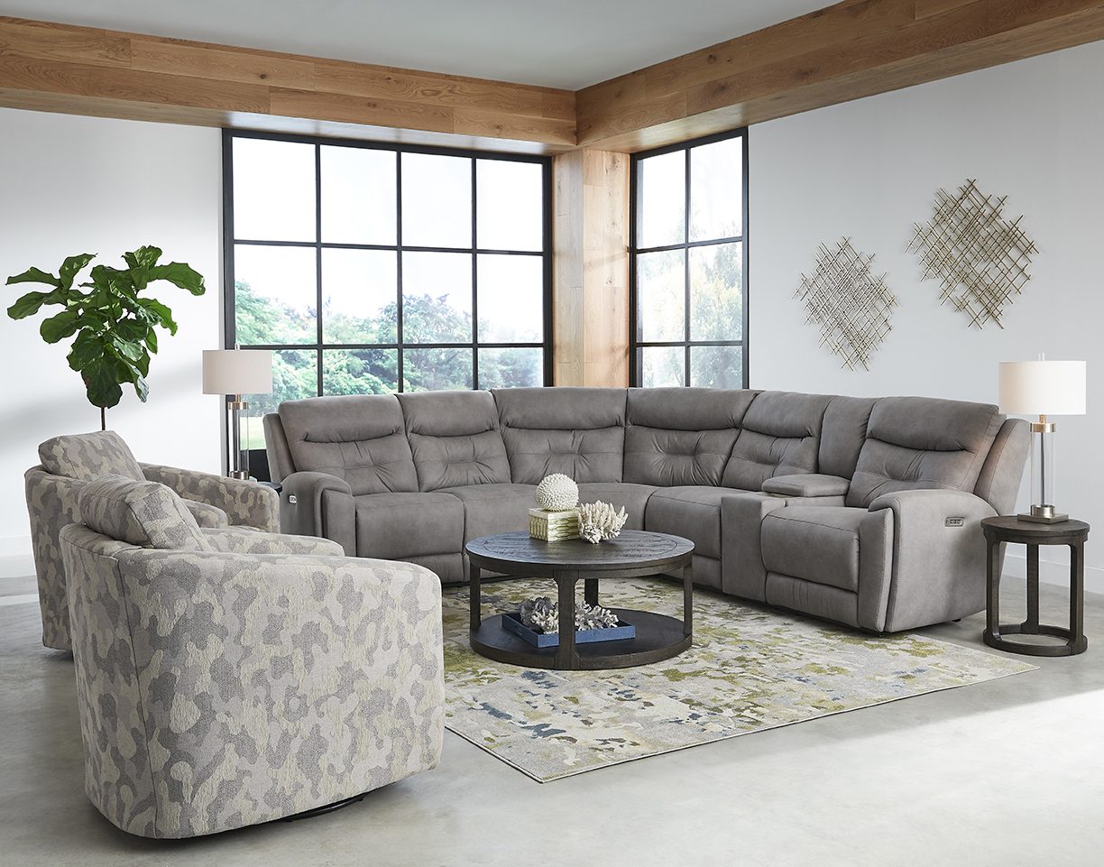 Southern Motion Point Break power reclining sectional in stone fabric with console seating