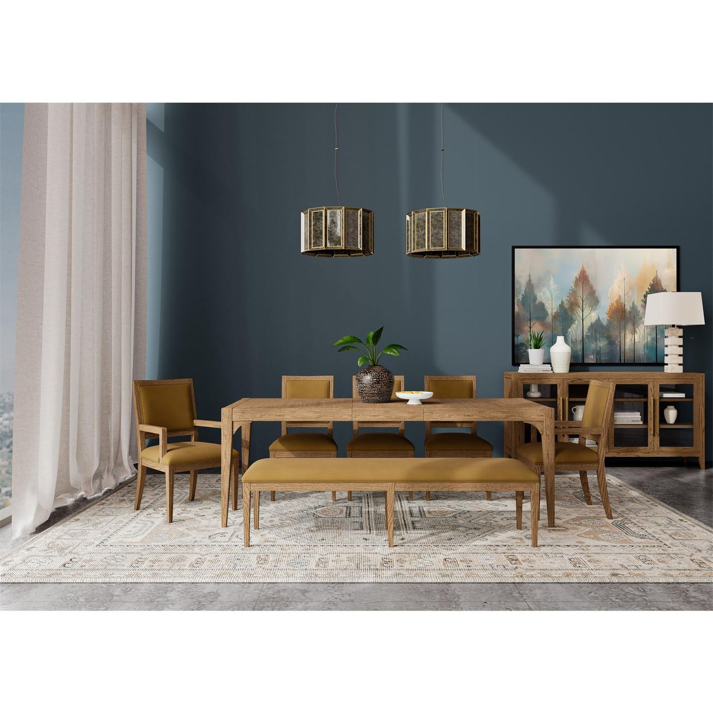 Riverside Furniture Halbrooke dining table, chairs, bench, and server styled against a deep blue dining room wall