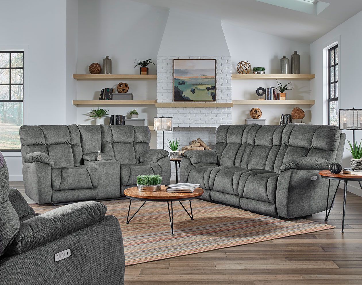 Southern Motion Wild Card double reclining sofa in charcoal fabric with padded arms